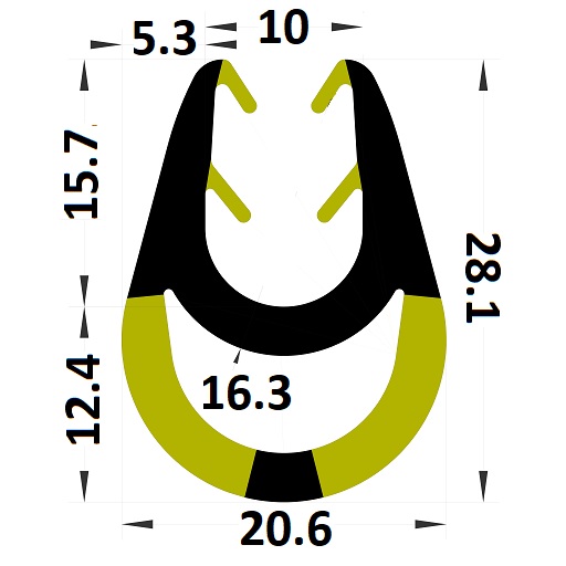 Black & yellow shock absorber for sheet metal edges from 3 to 6 mm