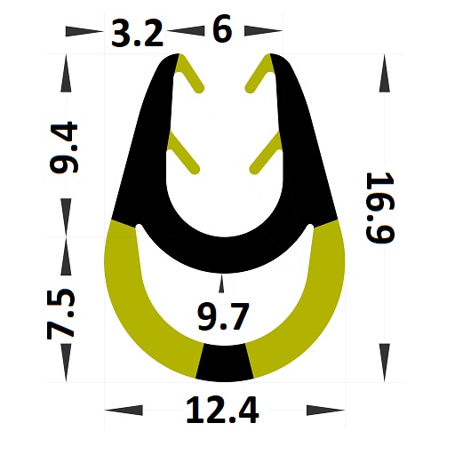 Black & yellow shock absorber for sheet metal edges from 0,5 to 4 mm